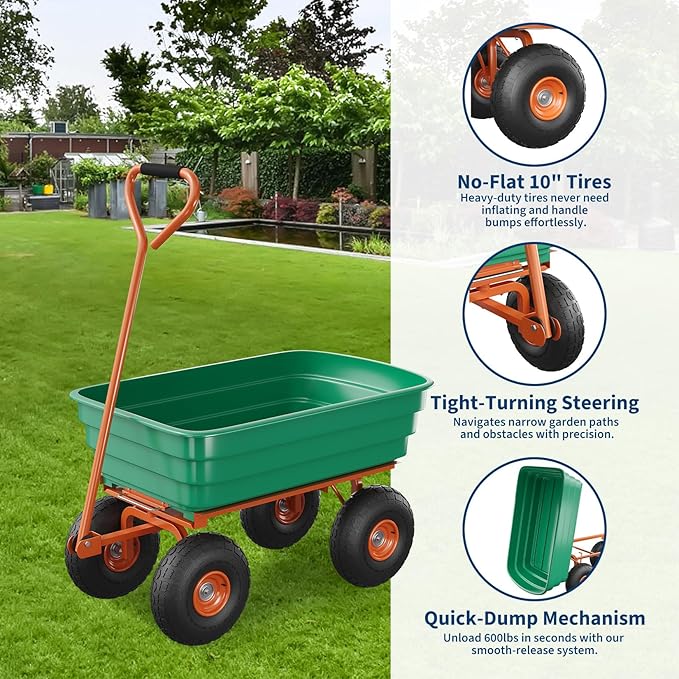 Heavy Duty Garden Dump Cart 1200 lbs, 125L Utility Wagon with 180° Adjustable Handle, Quick Release, 10" All-Terrain Tires for Yard, Lawn, Landscaping – Green + Orange | 1200 lbs. load capacity | 125L