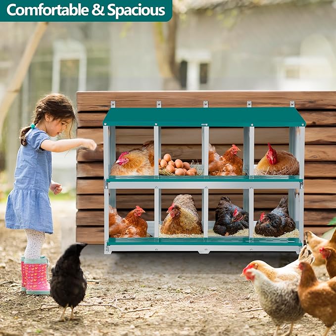 Chicken Nesting Box, 8 Compartment Metal Nesting Box, Wall Mountable Nesting Boxes for Chicken, 42.5" L x 13.0" W x 25.0" H, Green