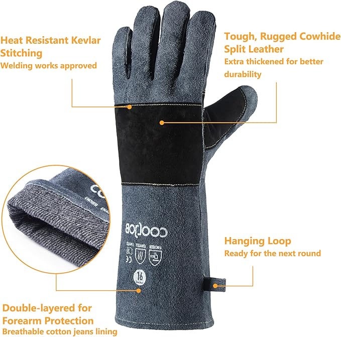 COOLJOB Kevlar Bite Proof Animal Handling Gloves for Cat Grooming, Dog Training, Leather Protective Gloves for Men, 16/22"