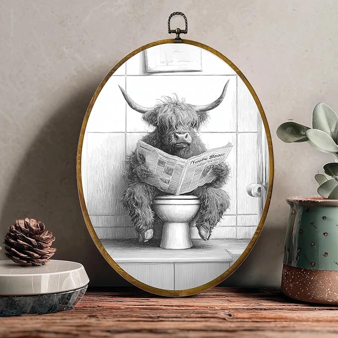 zewepri Highland Coo Print, Wall Decor, Bathroom Art – 8.6×11.4 Inches High-Density Canvas with Pre-Installed Hook for Easy Hanging, Ideal for Bedroom, Living Room, Study, or Gift for Art Lovers