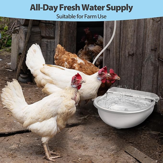 Automatic Water Dispenser for Chicken, 304 Stainless Steel Outdoor Auto Fill Waterer Bowl Self Refilling Watering System with 2 Float Valves and Drainage Hole for Chicken,Duck,Poultry