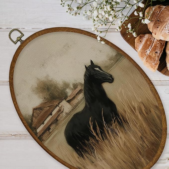 WULQYING Vintage Black Horse Wall Art Decor, Retro Rustic Cottagecore Animal Oval Framed Canvas Art Prints, Country Farmhouse Horse Wall Hanging Decor for Home Bedroom Living Room, 8.6x11.4 Inches