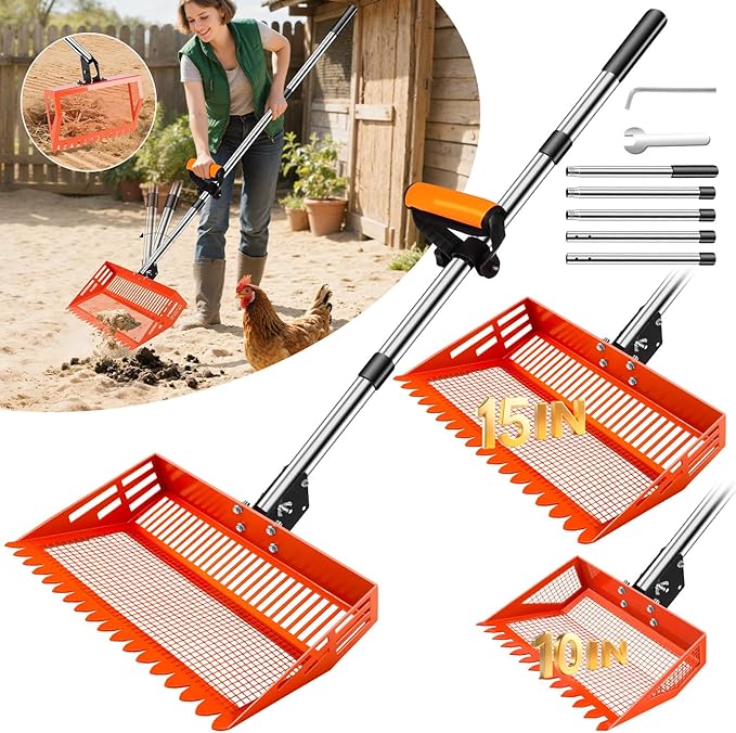 15/10'' Chicken Poop Scooper & Rake,4 IN 1 Chicken Coop Scoop with 2 Large Metal Shovel Heads,Chicken Coop Scooper for Sand,Chicken Scoop with Long Handle,Sifting Shovel for Chicken Coops(37 to 65in)