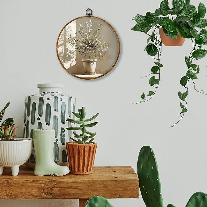 Hiuwevt Vintage Rustic Olive Tree Round Wall Art Decor, Country Neutral Botanical Framed Canvas Prints, Antique Vase Cottagecore Round Wall Hanging Decor for Home Kitchen Decorations, 10x10 Inches