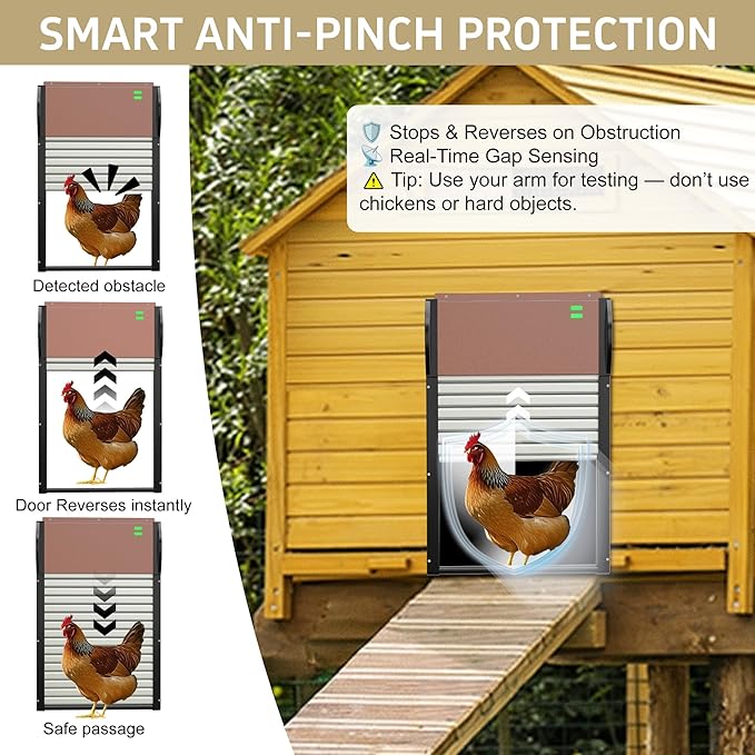 Automatic Chicken Coop Door, Chicken Door Programmable with App,Solar Chicken coop Door.Chicken Coop Door Timel& Light Sensor,Anti-Pinch,Remote Control,USB Rechargeable