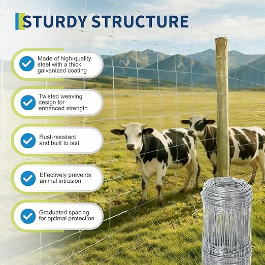 Cattle Fence 5ft x 164ft, 14 Gauge Galvanized Heavy Zinc Coated Wire Fencing for Cattle Goat Deer Hog Horse Livestock Yard Protection