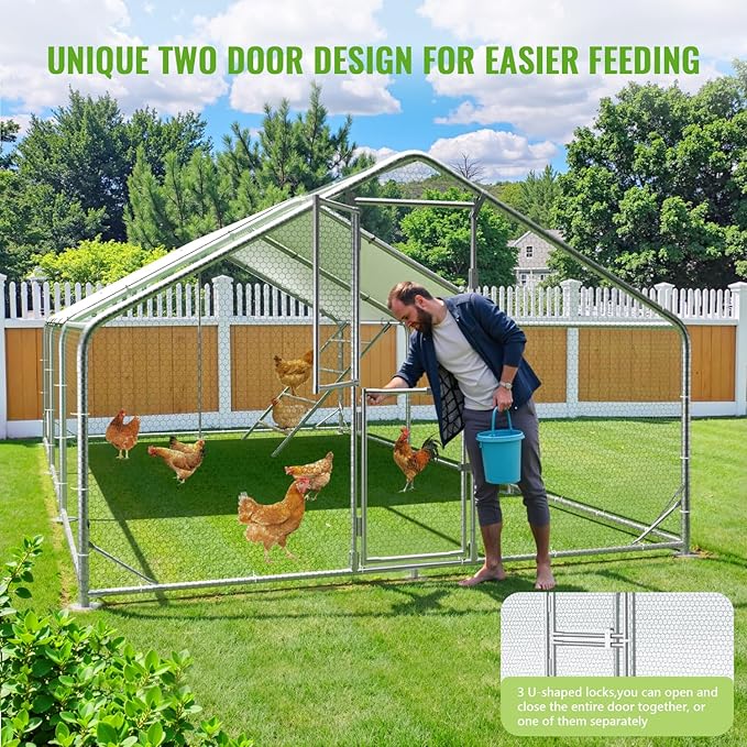 Large Metal Chicken Coop, 10x20x6.5FT Chicken Runs for Yard with Cover and Roosting Perch, Split Doors Walk in Chicken Coop