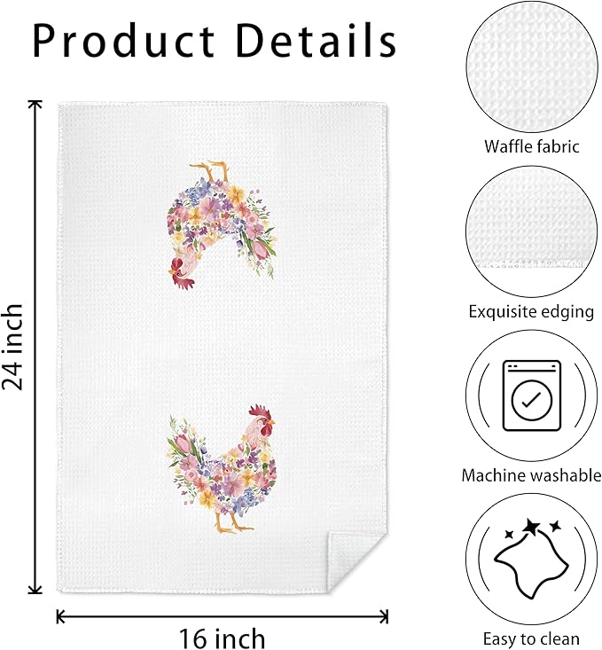 Rustic Floral Chicken Kitchen Towels, Chicken Lover Mom Lady Gifts Dish Tea Towels, Farmhouse Flower Rooster Hen Decorative Hand Towel for Bathroom Kitchen, 16x24 Inch