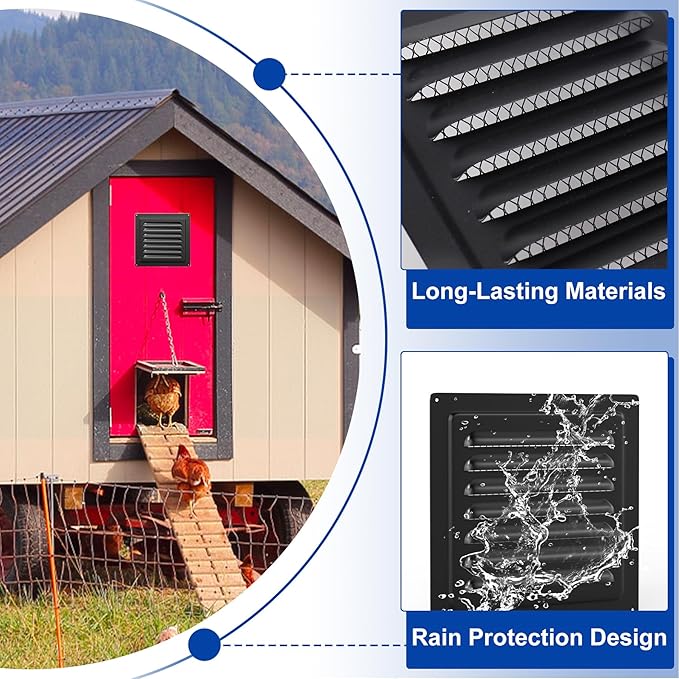 Chicken Coop Metal Wall Vent, 6" x 6" Metal Shed Vent with Built-in Screen for Anti-Debris, Louver Vent Grille for Chicken Coop, Hen House, Poultry Cage, Rabbit Hutch, Black