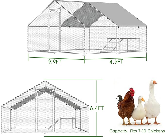 Large Metal Chicken Coop with Roosting Ladder, UV-Resistant and Waterproof Cover, Outdoor Walk-in Cage Hen House for Yard Farm Rabbit Duck Chicken Run, Spire Roof (13.1'W x 9.8'L x 6.4'H)