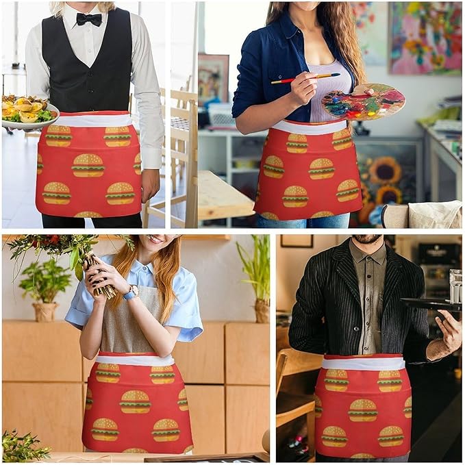 Unisex Apron for Cooking Server Waitress Half Waist Apron with 3 Pockets