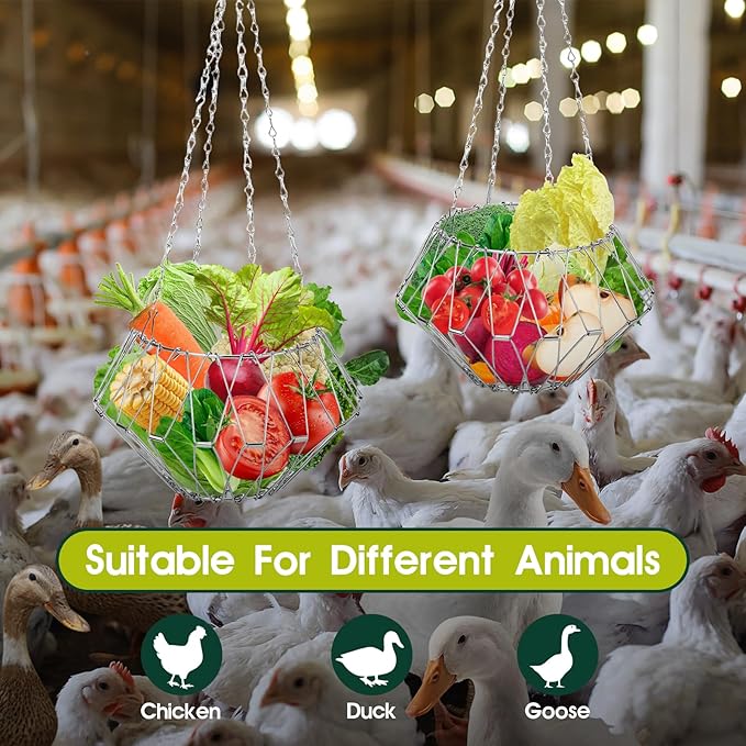 2PCS Hanging Chicken Feeders Baskets, Foldable Chicken Toys for Coop Vegetables Fruits Hanging Feeder, Vegetable Basket, Fruit Flower Basket with17inches Chain for Gooses Duck Farm House(2PCS)