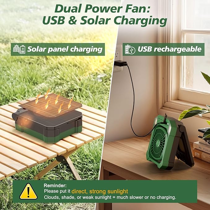 Camping Fan Battery Powered & Solar Powered, Portable Solar Fan 10000mAh Rechargeable Outdoor Fans with Light, Quiet Cordless Fans for Tent, RV, Emergency, Hiking, Power Outage, Desk, Survival Kit