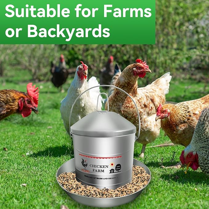 17.6 Lb Stainless Steel Poultry Feeder, Automatic Chicken Feeder No Waste, Hanging Chicken Feeder Heavy Duty Reliable Long-Lasting with Handle, Top Filled