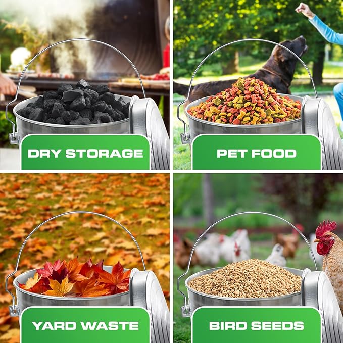 Plexon 17.6 Lb Poultry Feeder Stainless Steel Hanging Chicken Feeder no Waste Food-Grade with 10 Gallon Galvanized Storage Bucket with Locking Lid for Bird Seed Chicken Feed, Bundle