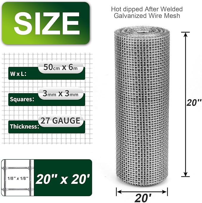 1/8 Inch Hardware Cloth 20'' x 20' 27 Gauge Hot Dip Galvanized Welded Wire Mesh for Chicken House/Coop Fencing, Animal Cage Netting, Bee Swarm Protection Netting and Poultry Enclosures