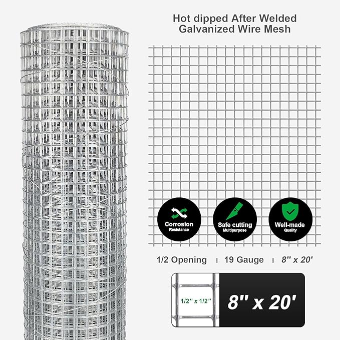 Hardware Cloth 8'' x 20' 1/2 in Galvanized Wire Mesh Roll (19 GA) Chicken Wire Fence Roll for Chicken Pen/coop Fences, Screen mesh, Rabbit/Snake Fences, Poultry enclosures, Handicraft Making, etc.