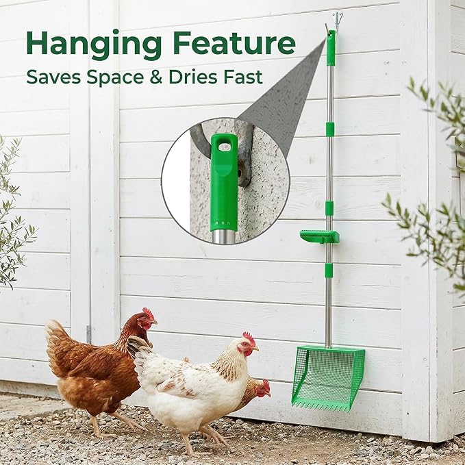 TOOGE Upgraded Chicken Poop Scooper: 10" Metal Pooper Scooper & Rake 4-Section 62" Long Handle Chicken Coop Scoop Scoopers Accessories Large Sand Sifting Litter Shovel for Goats/Yard/Farm/Beach Green
