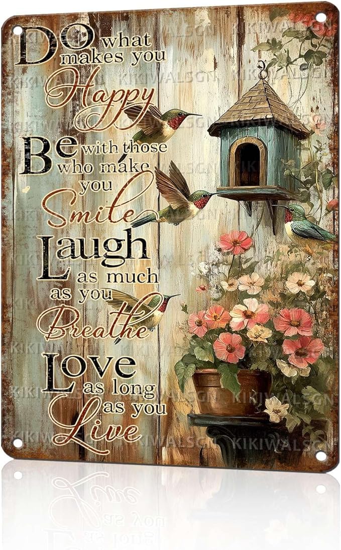 Vintage Garden Tin Sign Do What Makes You Happy Retro Hummingbird Metal Poster Rustic Nostalgic Metal Sign Wall Decor For Home Garden Plaque Yard Living Room Bedroom Cafe Bar 16 * 12 In