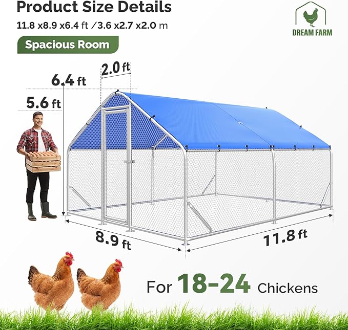 Sino Luban Large Metal Chicken Coop Run for 20 Chickens/Ducks, Chicken Runs for Yard with Waterproof Cover, Chicken Enclosure Pen Outdoor, Walk-in Poultry Cage (Upgrade Corner Support Brace)