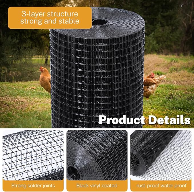 Black Hardware Cloth 1/2'' 48'' X 50',19 Gauge Chicken Wire Fencing PVC Coating Welded Wire Mesh Rolls for Chicken Coop and Home Improvement Garden Fence Rabbit Tree Guard