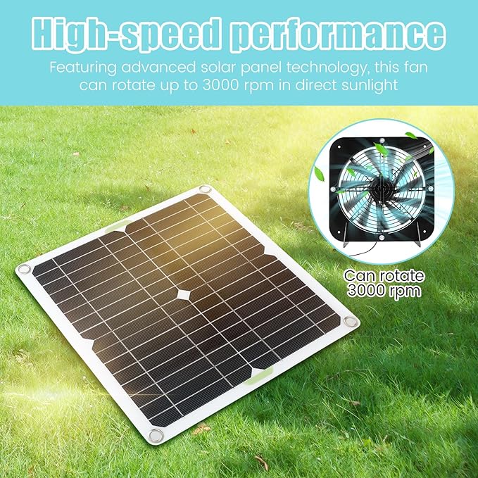 Solar Panel Fan Kit 13.5inch 100W Waterproof Solar Powered Exhaust Fan 3000rpm Auto Adjustable High Efficiency Cooling Chicken Solar Fan Solar Camping Fan for Dog Kennel