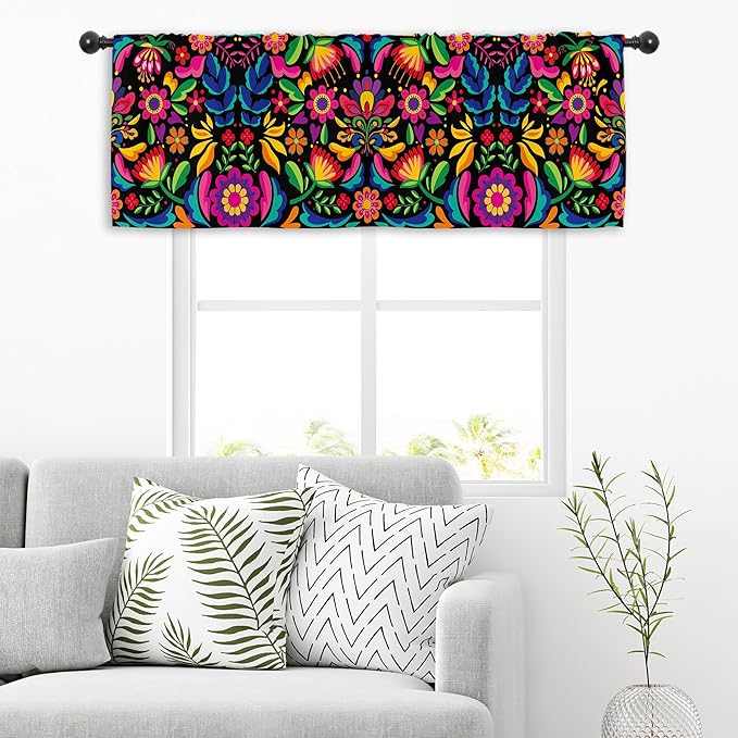 Miyotaa Mexican Fiesta Kitchen Curtain Valance 54W x 18H Rod Pocket Cinco De Mayo Dia De Los Muertos Colorful Flower Window Treatment for Living Room Bedroom Bathroom Laundry