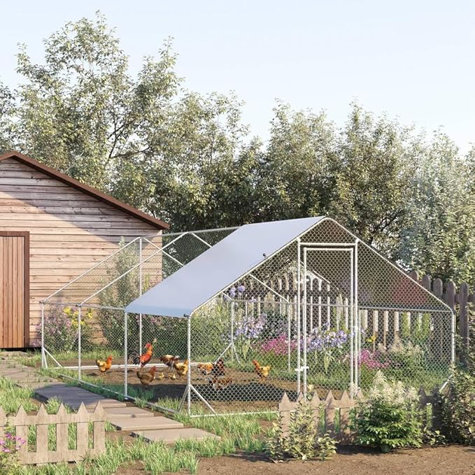 Large Metal Chicken Coop with Waterproof Cover, Walk-in Design Galvanized Steel Run for Chickens, Rabbits, Ducks, Outdoor Use