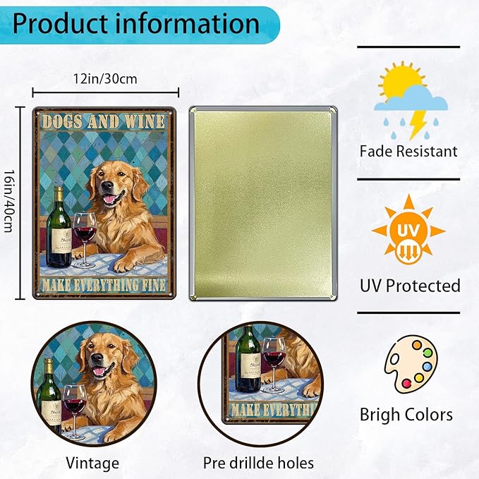 Funny Dog Wine Poster Metal Tin Sign Dogs And Wine Make Everything Fine Iron Tin Sign 12x16 Inch Home Kitchen Garden Restaurant Wall Decor