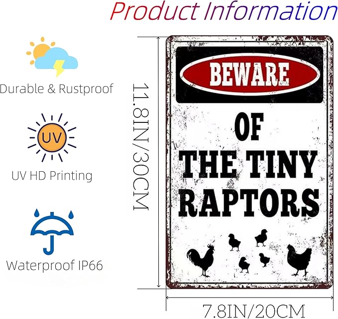 Beware of The Tiny Raptors Vintage Metal Sign, Chicken Art 7.8"11.8" Inches, Chicken Coop Farm Decor with Pre-Drilled Holes