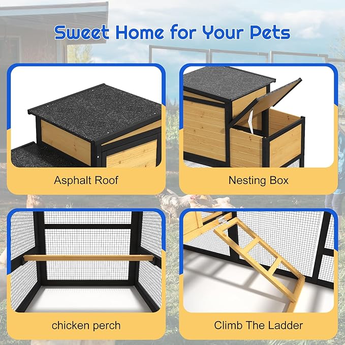 80" Chicken Coop for 2-4 Chickens with Wheels, Outdoor Wooden Hen House w/Nesting Box & Run Cage, Weatherproof for Backyard Poultry Pet Hutch, Removable Tray and Hanging Chicken Feeder