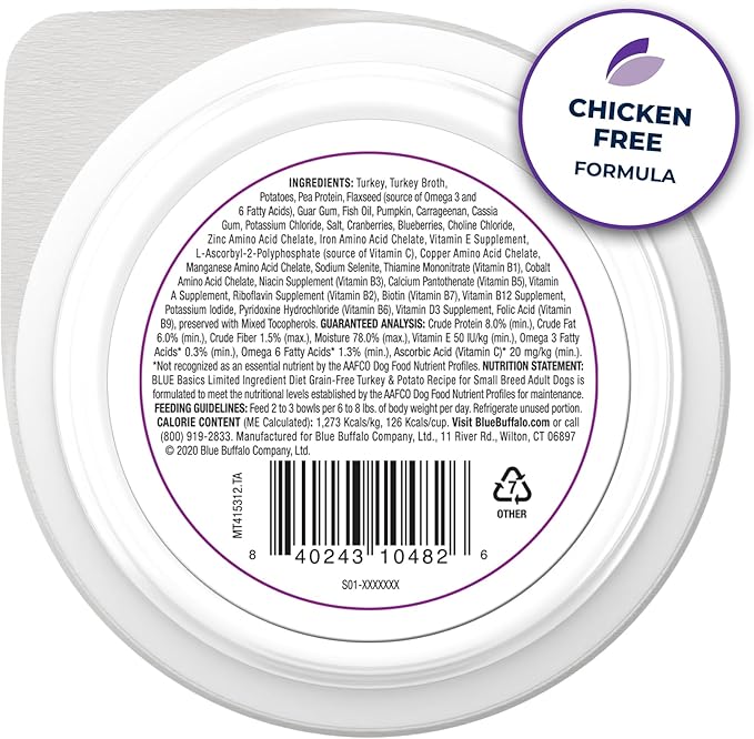 Blue Buffalo Basics Grain-Free Wet Dog Food for Small Breed Adult Dogs, Limited Ingredient Diet, Turkey Recipe, 3.5-oz Cups, 12 Count