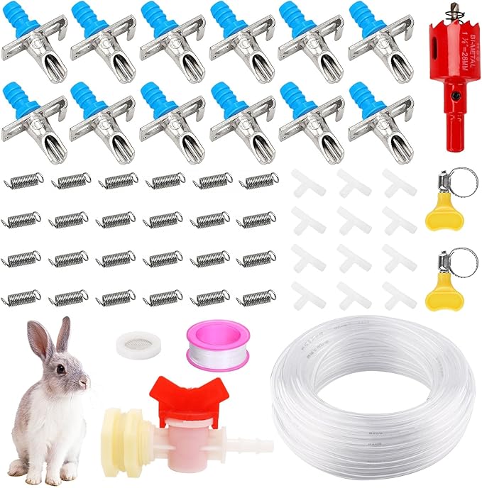 Rabbit Nipple Drinker Kit, Automatic Rabbit Watering System Kit - Including 12 Sets of Nipple Drinkers, 19 Feet of ID 5/16" Hose, Hole Opener, Barb Valve Fitting to G1/2'' Connector