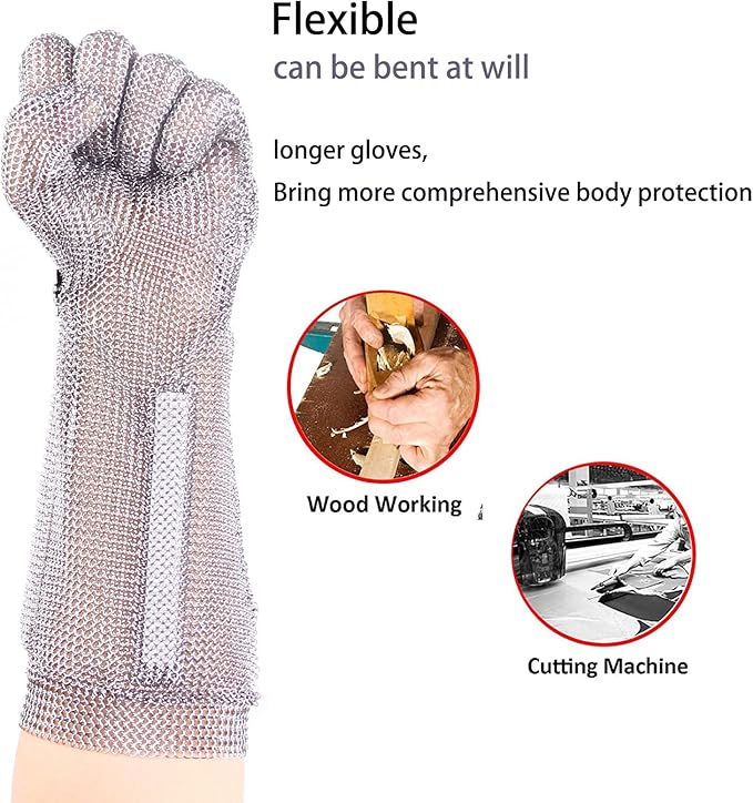 15cm Long Chainmail Glove for Butcher, Finger Protective Safety Work Glove, Cut Resistant Glove with Metal Craw (XS)