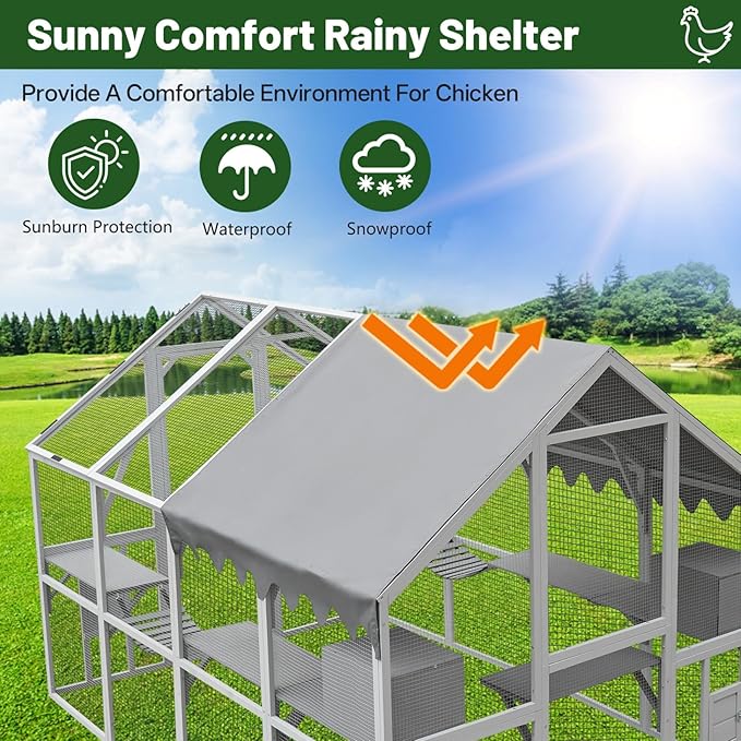 KEIKI 110"L Outdoor Large Chicken Coop with Waterproof Cover, Roosting Platform, Wire Mesh & 2 Lift Small Doors with Locks, Wood Chicken Coop House with Run for Cat Kitten Playpen, Duck, Rabbit, Quail