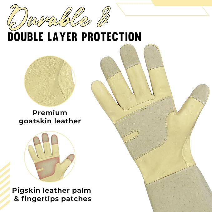 HANDLANDY Rose Pruning Gardening Gloves for Men Women, Thorn Proof Forearm Protection Leather Garden Gloves, Gardening Gifts for Gardeners (Vanilla, Medium)