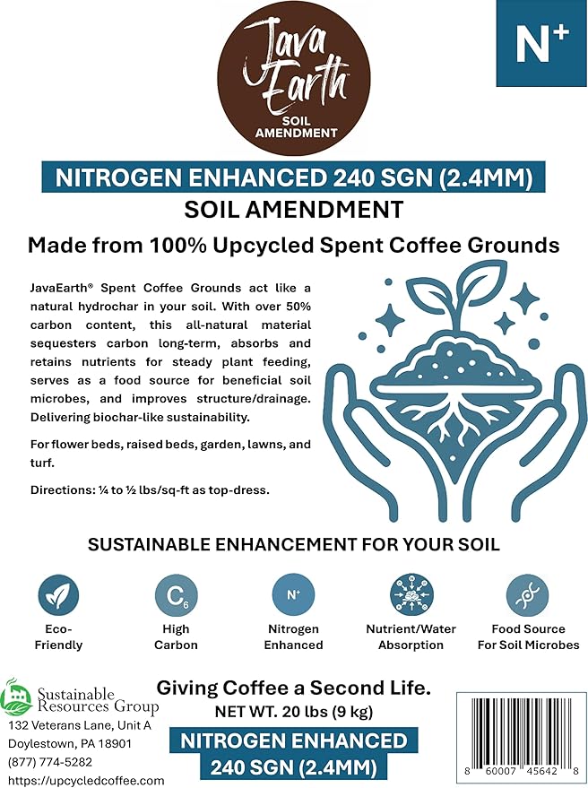 Nitrogen Enhanced 240 SGN (2.4MM) - JavaEarth® Soil Amendment, Upcycled Spent Coffee Grounds, 20 lbs