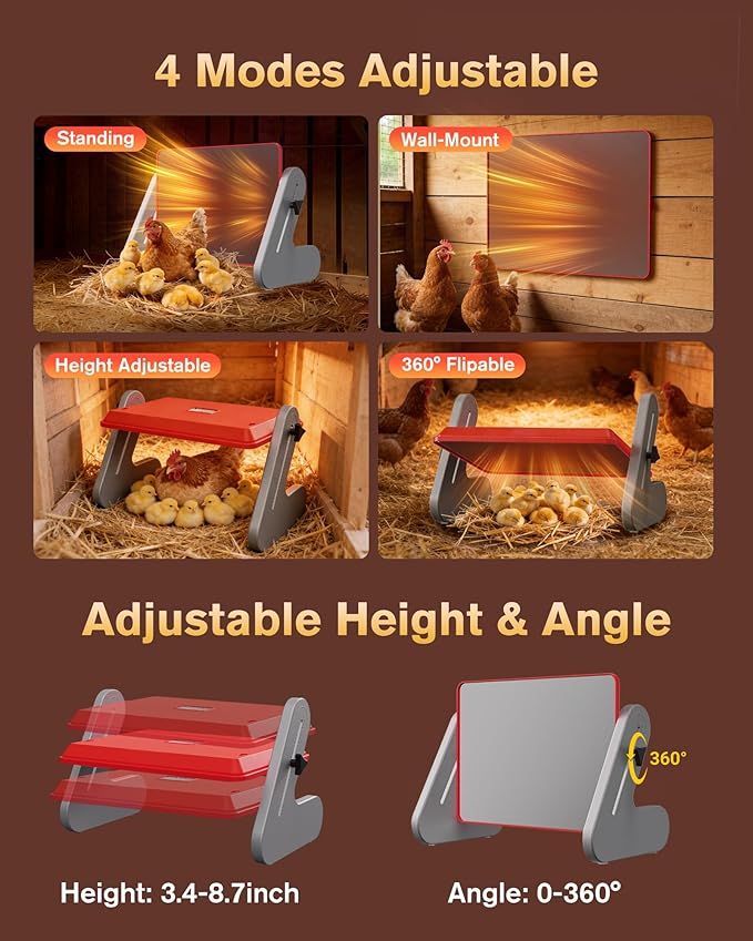 PETTEN Chicken Coop Heater for Winter, Safe Chick Heat Plate ETL Certified, Height and Angle Adjustable Energy-Saving Chick Brooder, 3 Temp Wired Remote/Stand/Wall Mounted, Easy to Install(11-14inch)