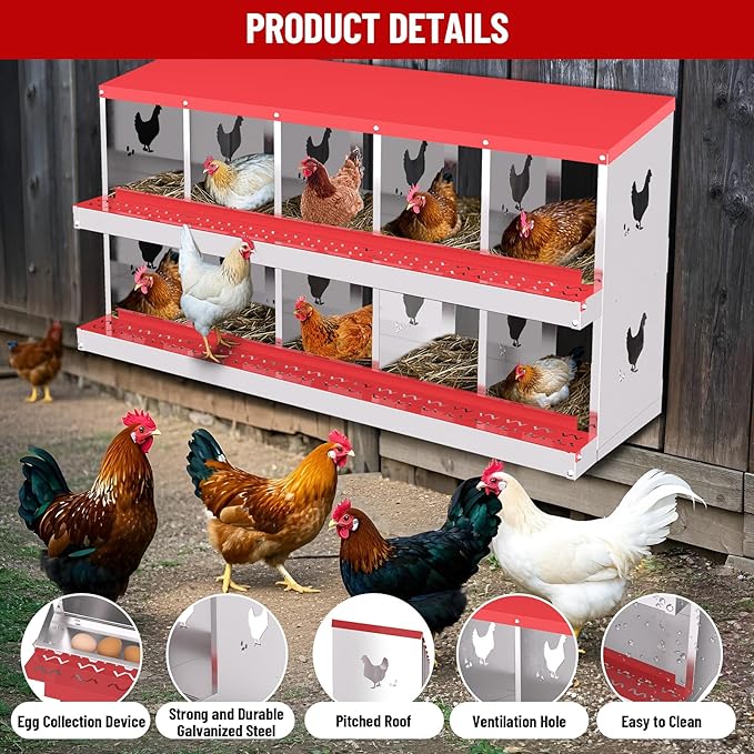 10-Hole Chicken Nesting Box, Rustproof Galvanized Steel Roll-Out Egg Collection with Vented Design, Laying Box for Hens, Poultry Coop Accessories for Egg Layers