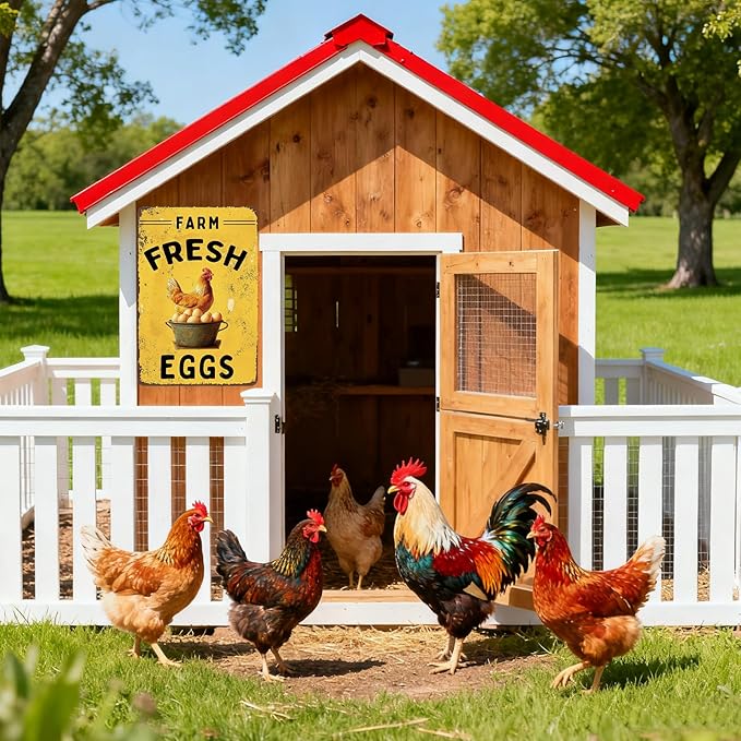 Farm Fresh Eggs Outdoor Chicken Coop Sign Retro Kitchen Decor Gifts For Chicken Lovers Vintage Metal Sign 8×12 Inches Tin Sign For Home Kitchen Yard Garden