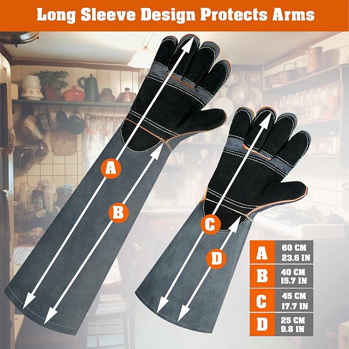 Leather-Welding-Gloves Heat/Fire-Resistant Kevlar-Gloves for BBQ,Grill,Camping,Stick,Animal-Handling-Gloves