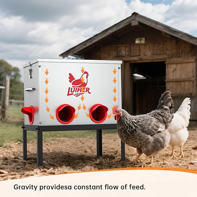 LUIHER Chicken Food Dispenser 40lb 6 Ports Large Capacity Galvanized Metal Poultry Feeder with Legs and Lids - Reduces Refilling Frequency - No Waste Chicken Feeding Equipment for Hen Coop