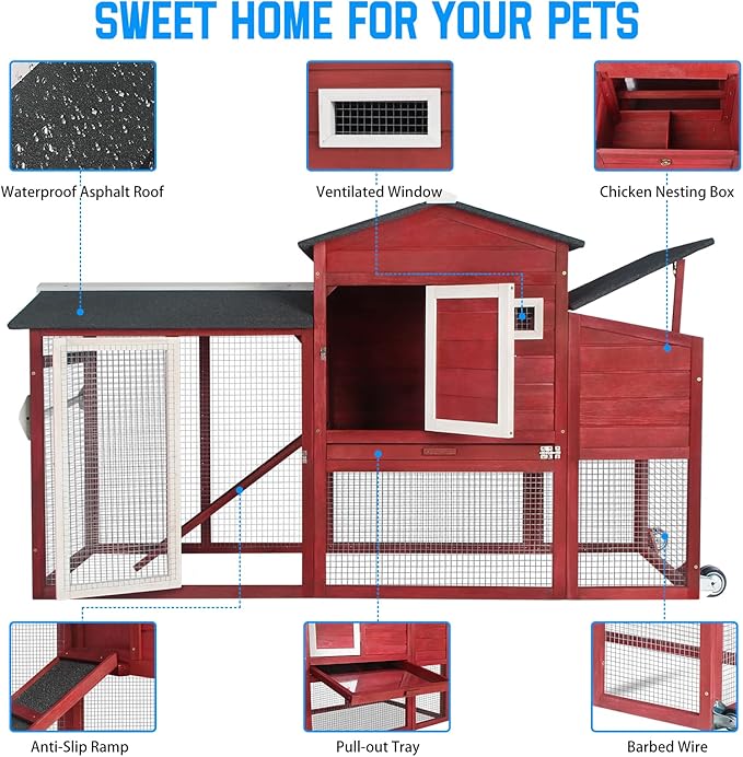 PetsCosset Chicken Coop Backyard Chicken House - Wooden Tractor Poultry House for Outdoor, with Chicken Nesting Box, Wheels, Waterproof Roof, Pull Out Tray