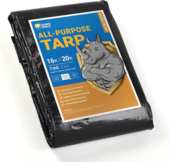 GUARD SHIELD Black Tarp Waterproof 16x20 Feet Medium Duty All Purpose Poly Tarps Cover 7mil