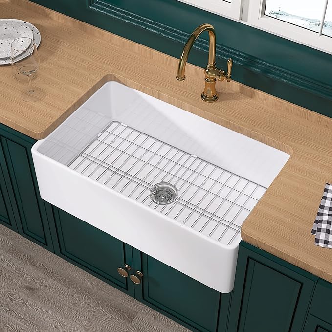 Miuara Farmhouse Sink 33 Inch - White Apron Front Kitchen Sink Reversible 33"x20"x10", Undermount, Farm House Style Large Deep Single Bowl, Heavy Duty Solid Fireclay, Glossy White, for Kitchen