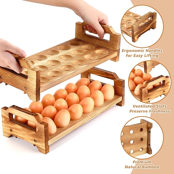 4 Tier Wooden Egg Holder for Countertop, Pine Stackable Fresh Egg Storage Farmhouse Collecting Rack for Gathering Kitchen Organizer Duck Eggs Display, Stackable with 72 Eggs(Brown)