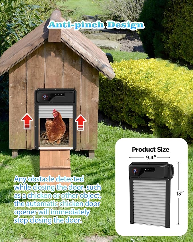 Automatic Chicken Coop Door with HD Camera, Solar Powered, 5000mAh Battery, WiFi Enabled, APP-Based Monitoring, Remote Control and Timer, with Anti-Trap Sensor and Alarm Drive (Black)