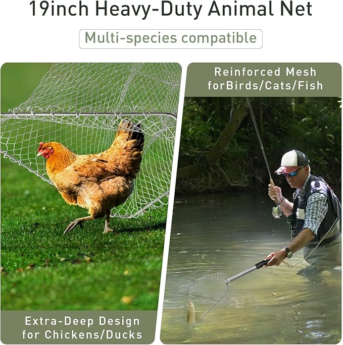 Heavy Duty Chicken Net Catcher - 17-65Inch Adjustable Stainless Steel Pole, 19Inch Large Opening Animal Net for Poultry/Birds/Fish, Foldable Metal Frame