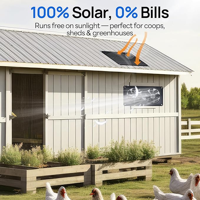 DC HOUSE 20W Solar Fan Powered Exhaust Fan for Chicken Coops, Greenhouses, Sheds, Pet Houses, and Windows - Waterproof and Plug Play Easy Connector Max Applicable Space 880ft3 (25 m3)