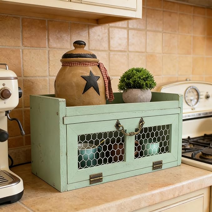 Farmhouse Countertop Storage Organizer, Rustic Wood Kitchen Cabinet with Chicken Wire, Kitchen Pantry Display Shelf, Country Vintage Style. Distress Teal